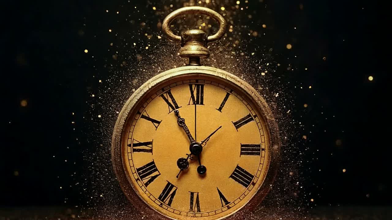 Relógio de bolso dourado começando a se desfazer em partículas de luz.